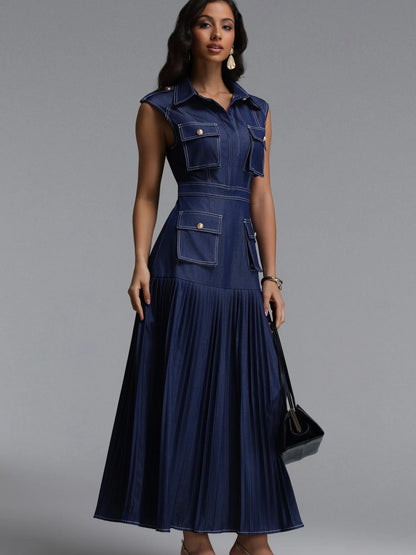 Brianna Denim Utility Pleated Midi Dress