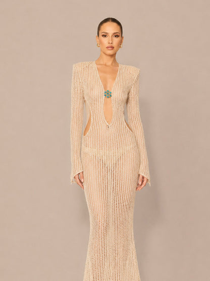 Carolina Sexy Cut-Out Long-Sleeve Knit Maxi Dress