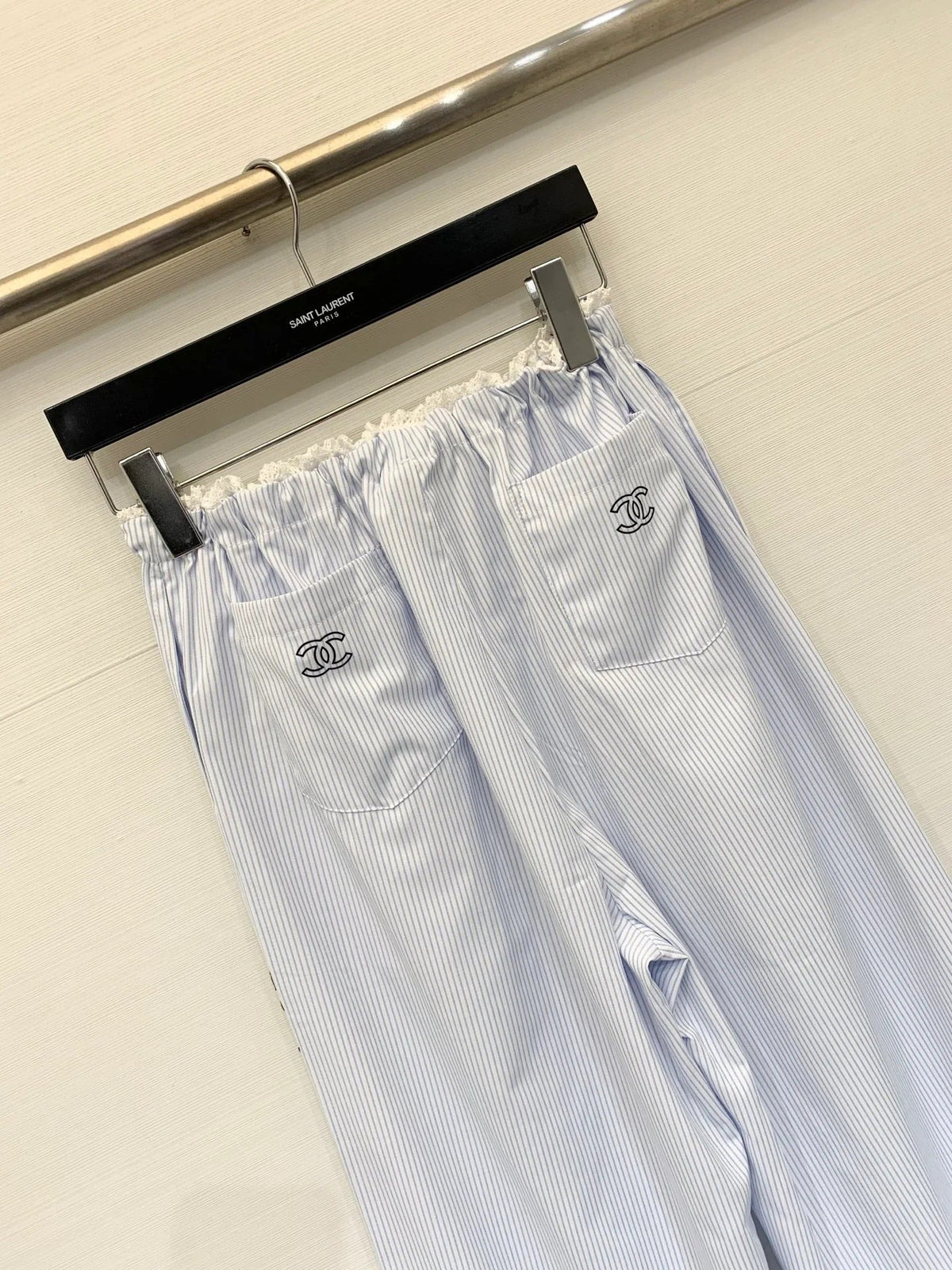 Chanel 2026 Striped Lace-trimmed Trouser Light Blue Cotton