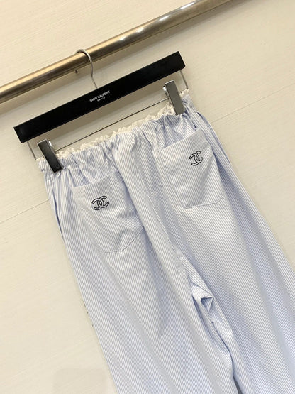 Chanel 2026 Striped Lace-trimmed Trouser Light Blue Cotton