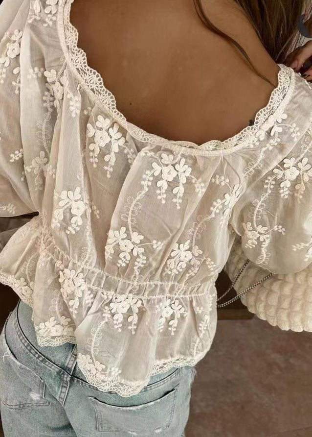 Embroidered Lace Peplum Blouse Lightweight White