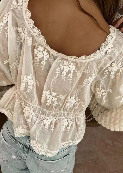 Embroidered Lace Peplum Blouse Lightweight White