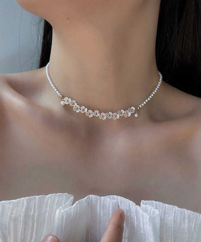 Classy White Alloy Pear Floral Gratuated Bead Necklace