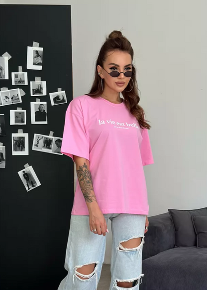 Oversized Cotton Tee Pink Relaxed Fit