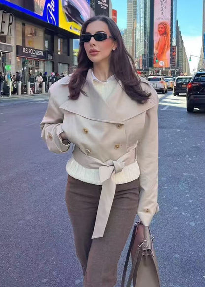 Cropped Belted Trench Jacket Polyester Matte Finish