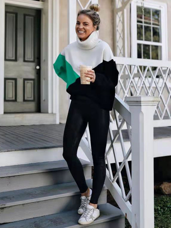 Original Loose Split-Joint Contrast Color High-Neck Long Sleeves Sweater Top