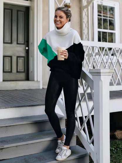 Original Loose Split-Joint Contrast Color High-Neck Long Sleeves Sweater Top