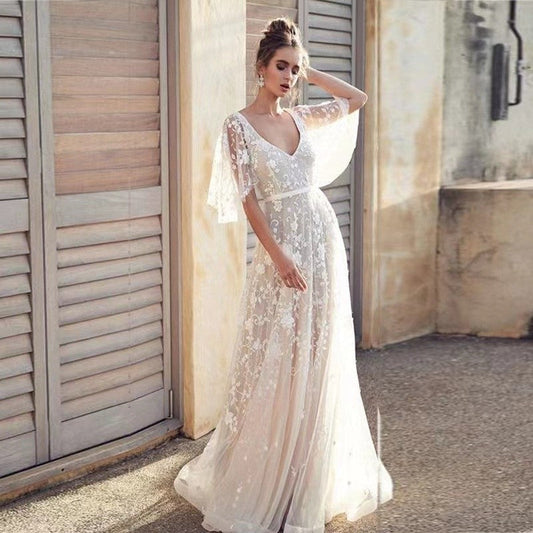 Deep V Lace Back Evening Gown