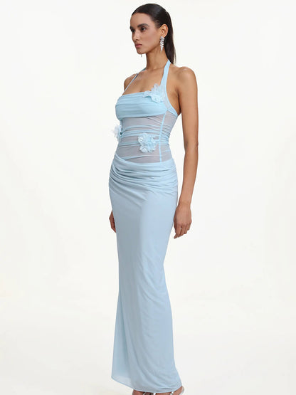 Cerys Romantic Contour Halter Ruched Floral Maxi Dress