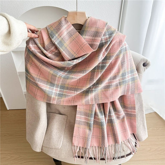 Color Block Plaid Fringe Scarf