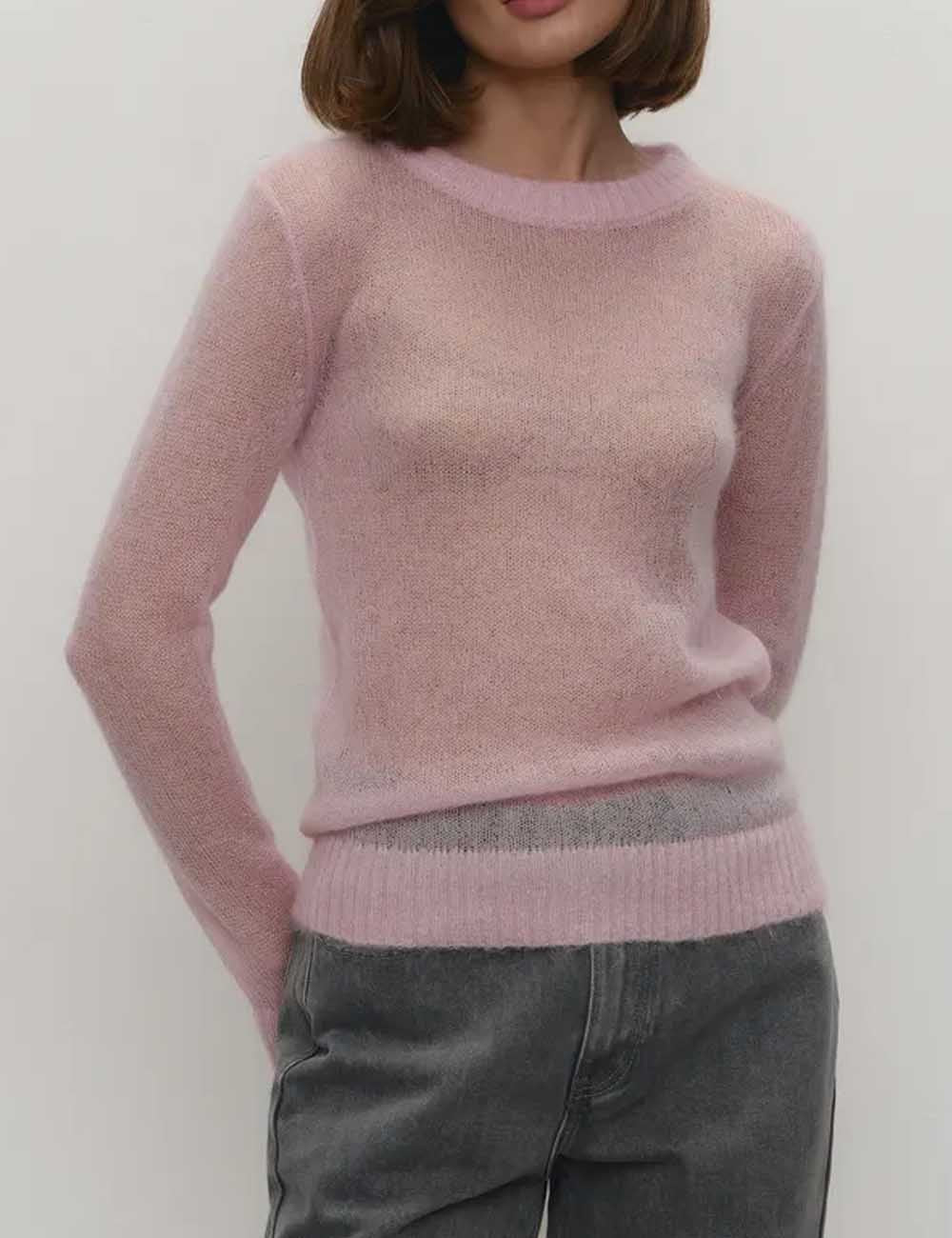 Simple Sheer Round Neck Long Sleeve Knit Top