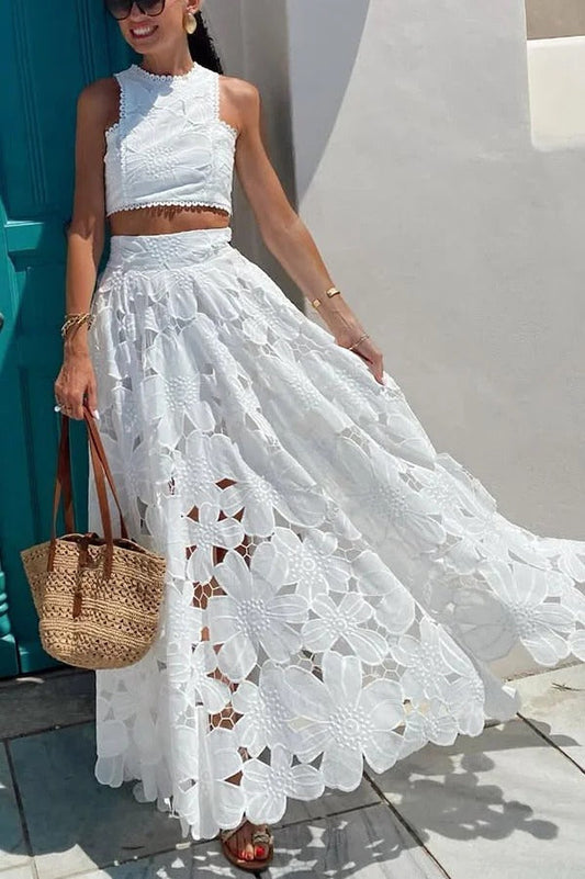 Next Trip Floral Embroidery Crochet Lace Crop Tank Top