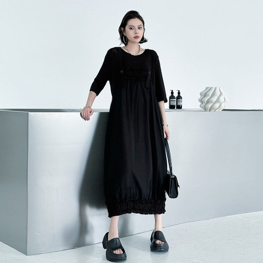 Mesh Panel Pleated Strapless Loose Fit Maxi Dress