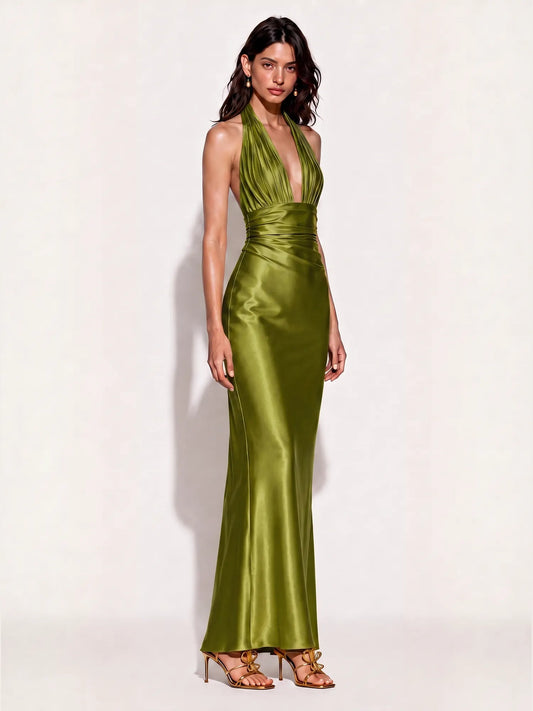 Audrey Satin Halter-Neck Mermaid Maxi Dress In Green