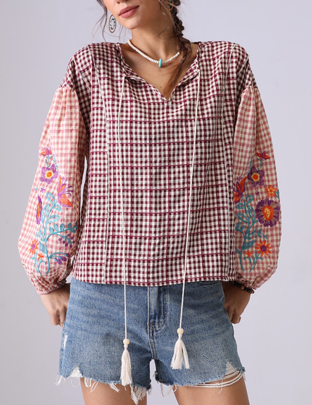 Floral Embroidered Plaid String Top