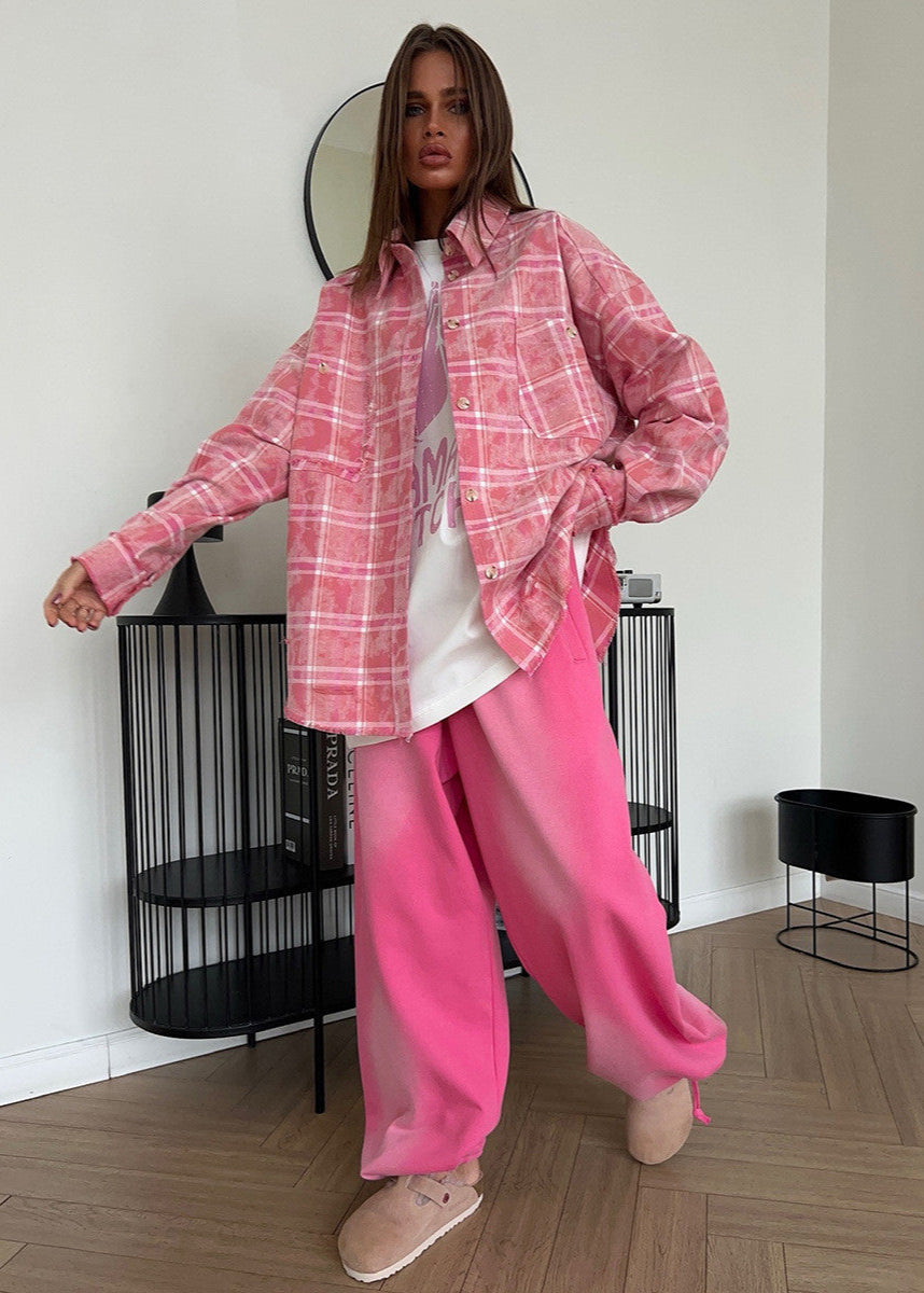 Oversized Cotton Polyester Plaid Shirt With Distressing