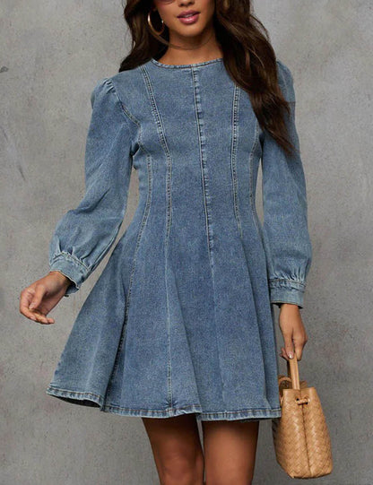 Splicing Washed Long Sleeves Denim Mini Dress
