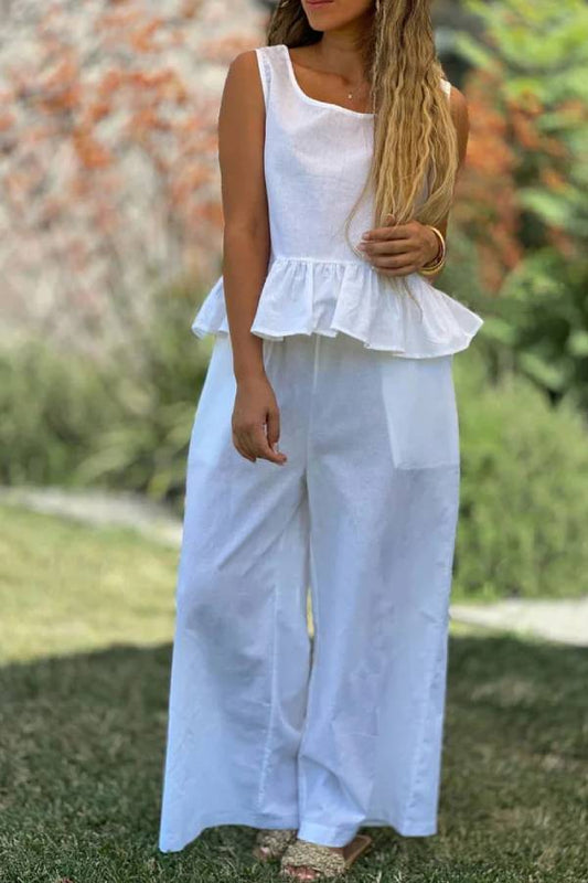 Cotton And Linen Solid Color Sleeveless Top \u0026 Wide Leg Pants Two-Piece Set
