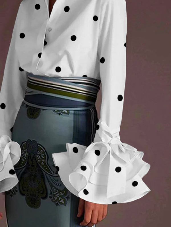 Flared Sleeves Falbala Polka-Dot Lapel Collar Blouses&shirts Tops