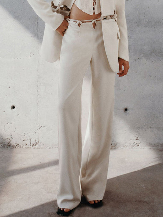 Stylish Weave Hollow Waisted Solid Color Wide Leg Pants