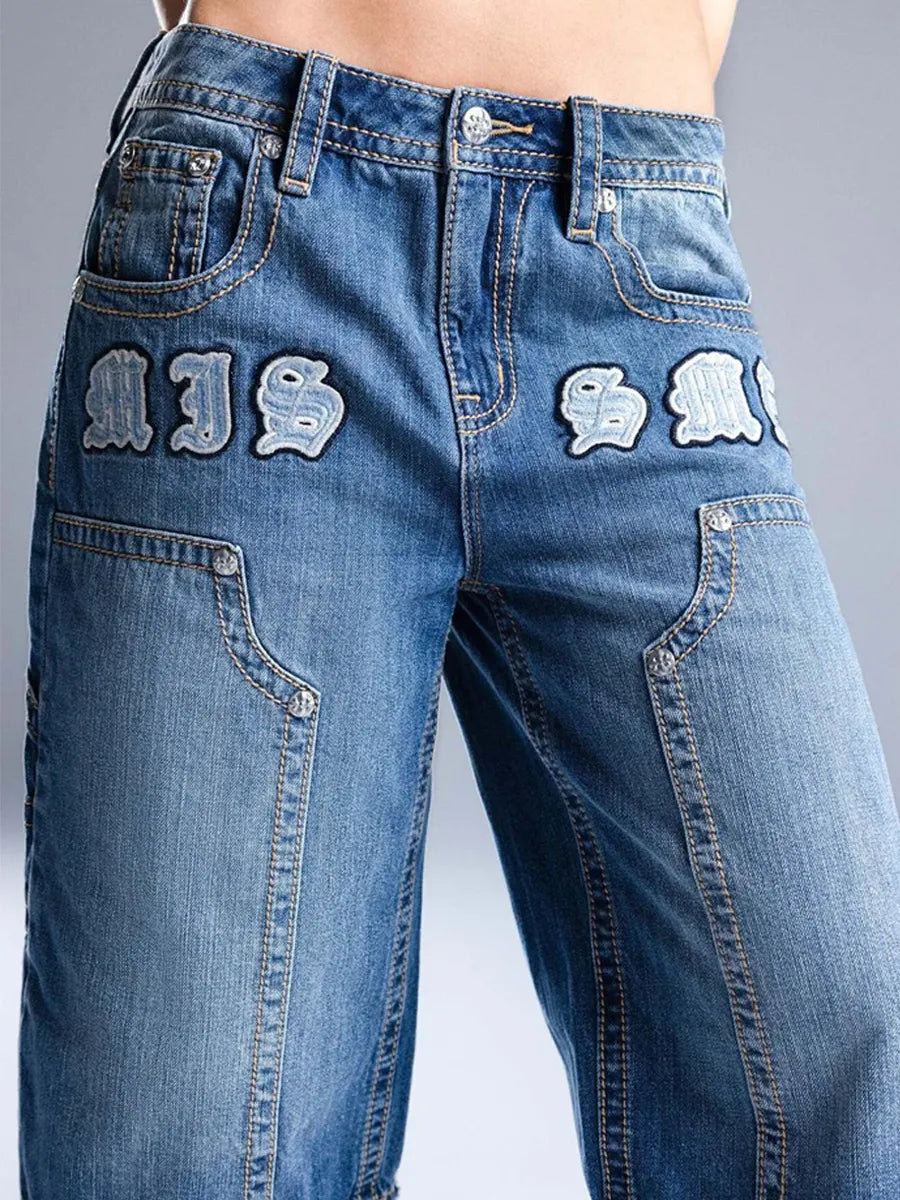 Nyla Embossed Patchwork Cargo Jeans
