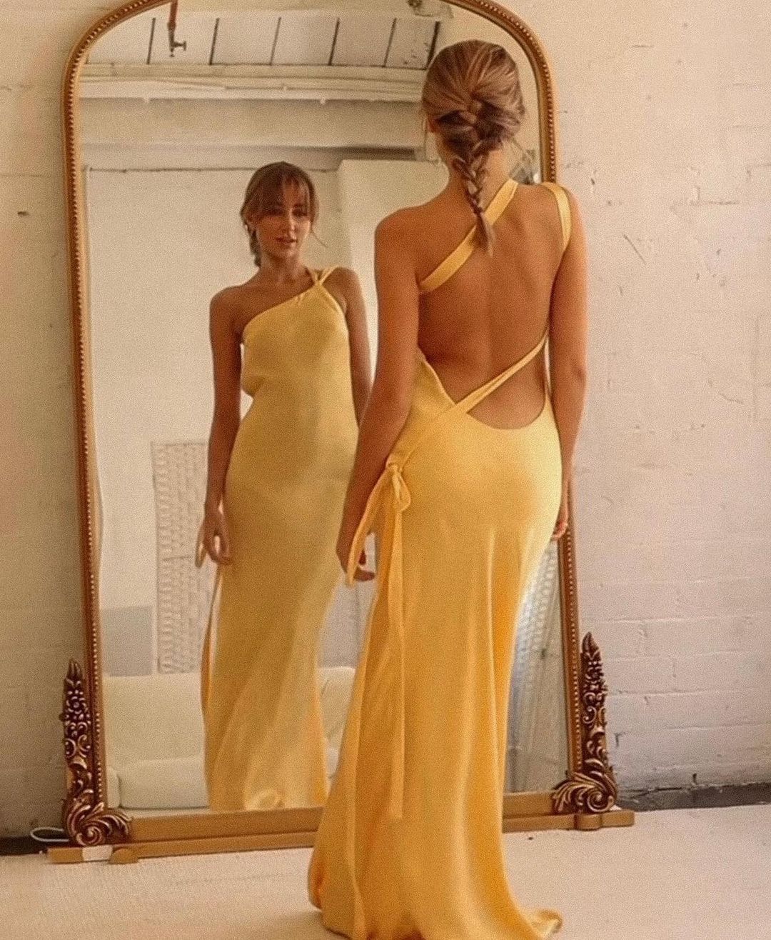 Satin Asymmetrical One Shoulder Backless Maxi Dress Yellow