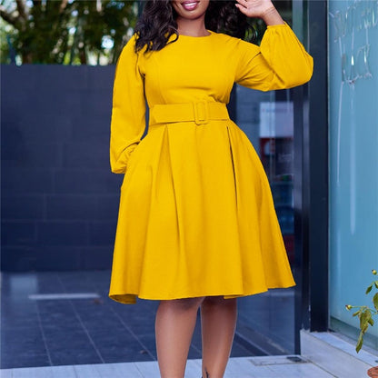 Solid Color Long Sleeve Round Neck Dress With Belt