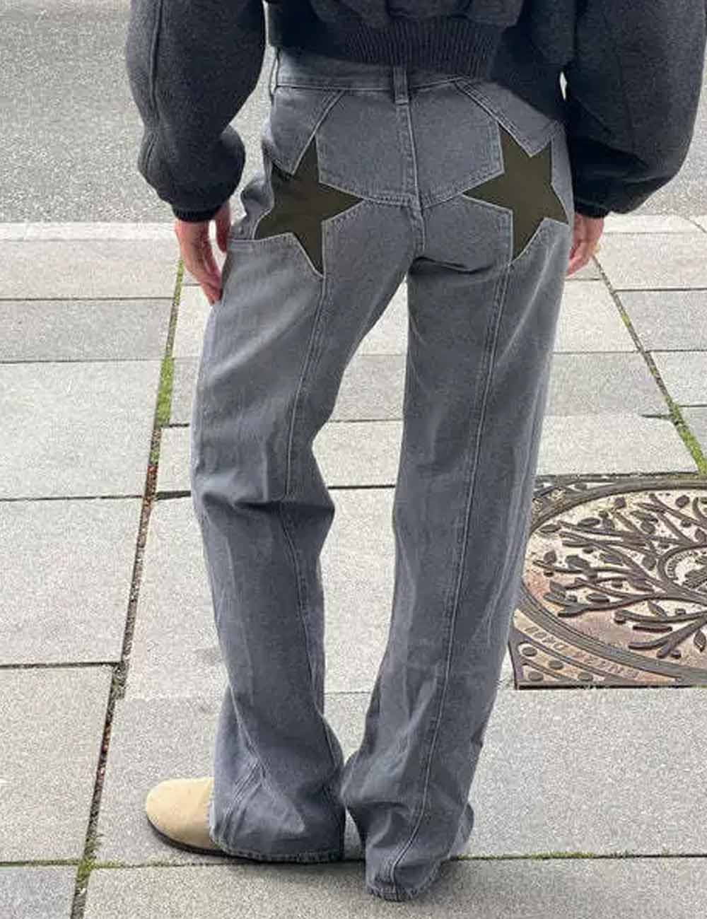 Trendy Color Contrast Splicing Star Denim Pants