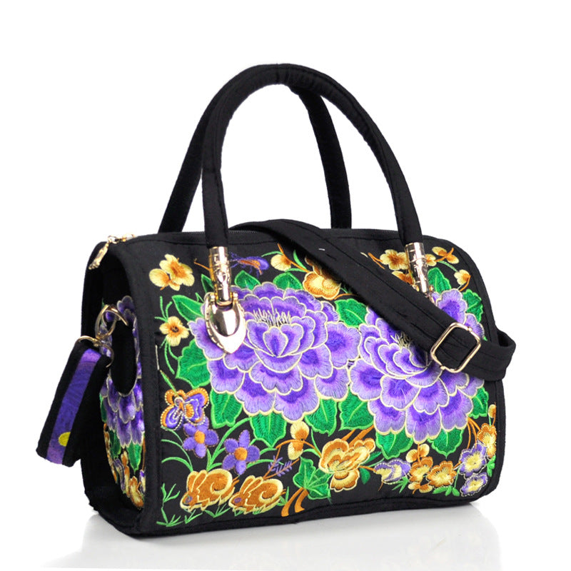 Ethnic Style Embroidered Portable Cross-Body Drum Bag Canvas Embroidered Cloth Bag Travel One-Shoulder Portable Women'S Bag