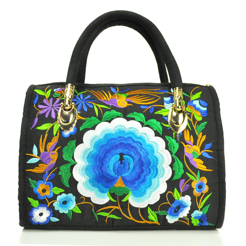 Ethnic Style Embroidered Portable Cross-Body Drum Bag Canvas Embroidered Cloth Bag Travel One-Shoulder Portable Women'S Bag