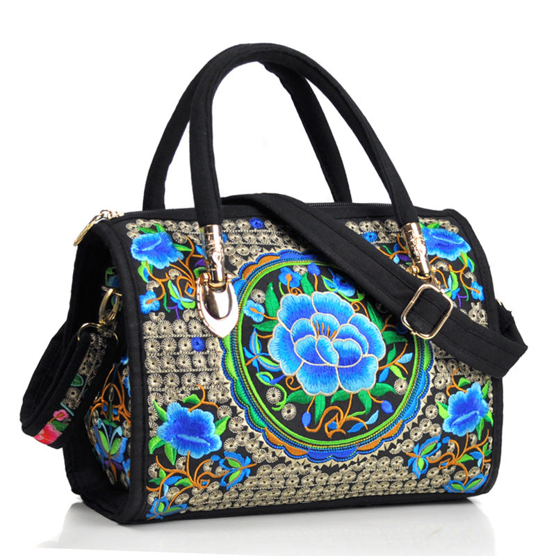 Ethnic Style Embroidered Portable Cross-Body Drum Bag Canvas Embroidered Cloth Bag Travel One-Shoulder Portable Women'S Bag