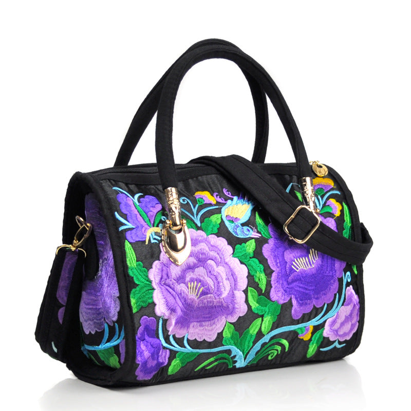 Ethnic Style Embroidered Portable Cross-Body Drum Bag Canvas Embroidered Cloth Bag Travel One-Shoulder Portable Women'S Bag