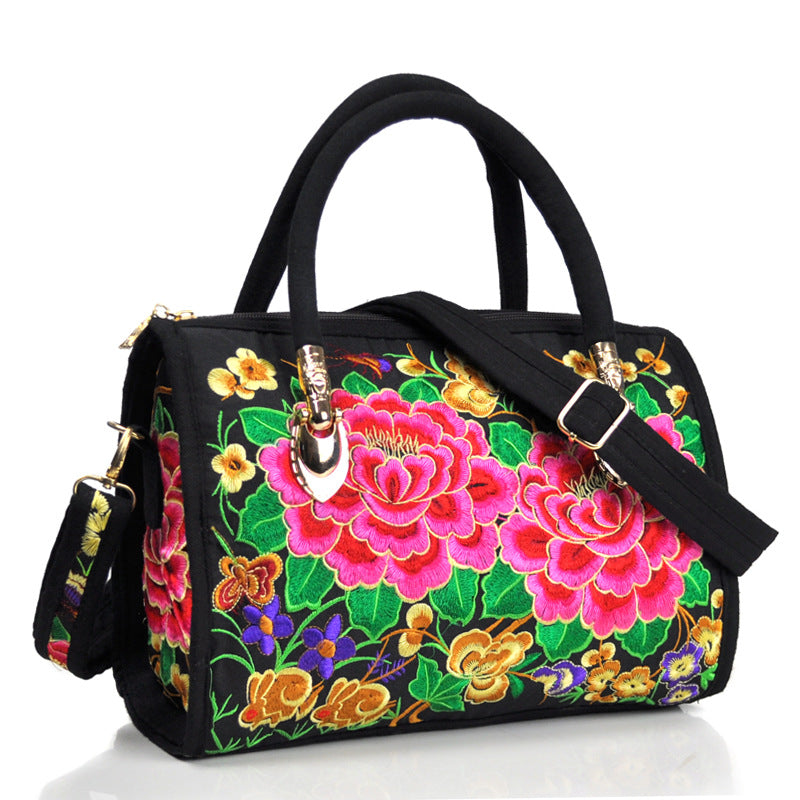 Ethnic Style Embroidered Portable Cross-Body Drum Bag Canvas Embroidered Cloth Bag Travel One-Shoulder Portable Women'S Bag