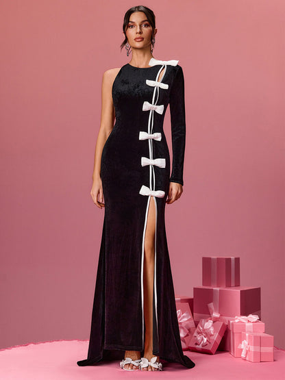 Lila One Shoulder Bow Velvet Maxi Dress