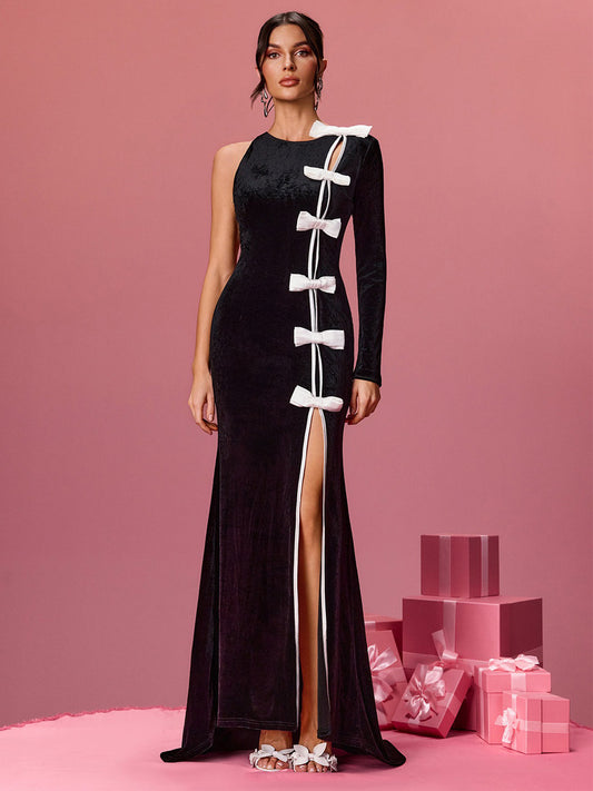 Lila One Shoulder Bow Velvet Maxi Dress
