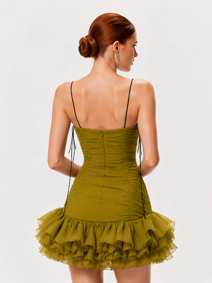 Lorelei Pleated Ruffle Mini Dress In Green