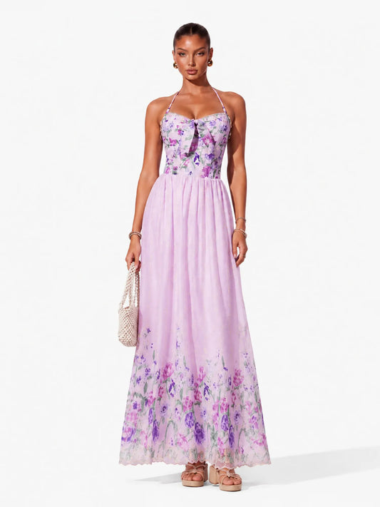 Mariana Resort Flowy Spaghetti Strap Bow Floral Print Woven Maxi Dress