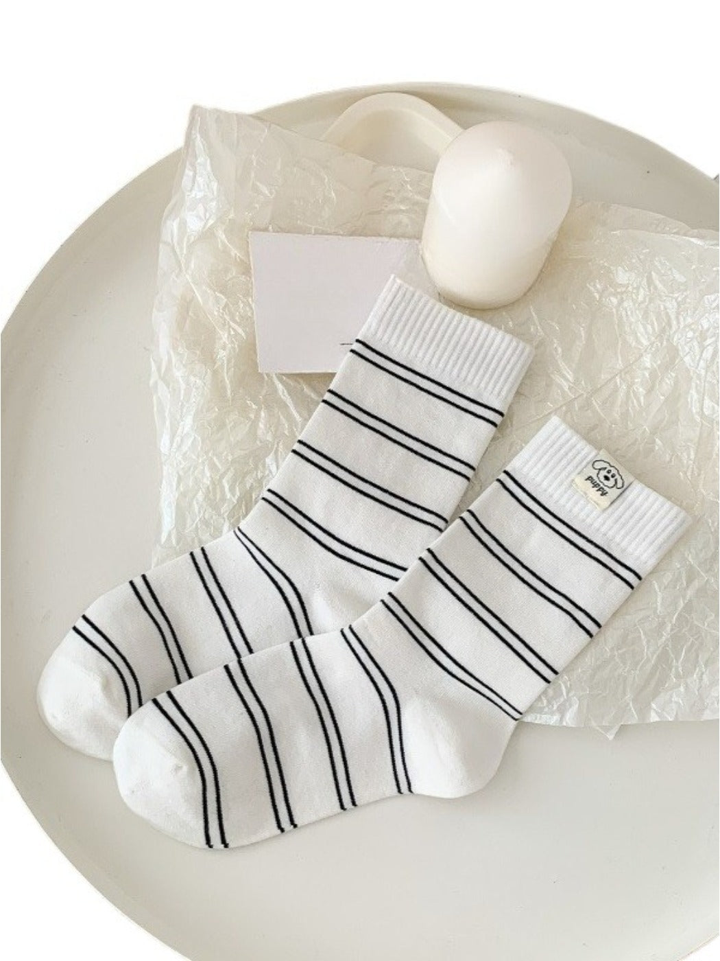 Rufia - Striped Puppy Mid-calf Socks - Cute &amp; Stylish