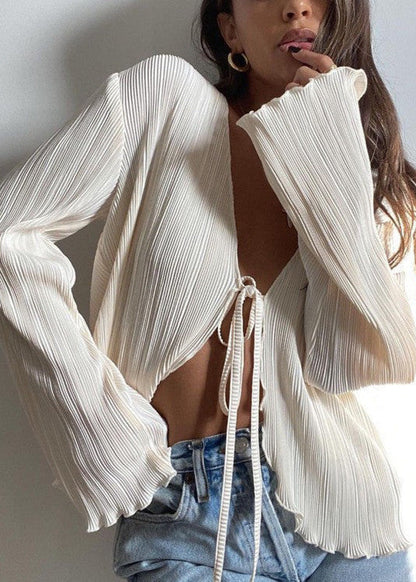 Drape Tie Front Lightweight Pleated Blouse