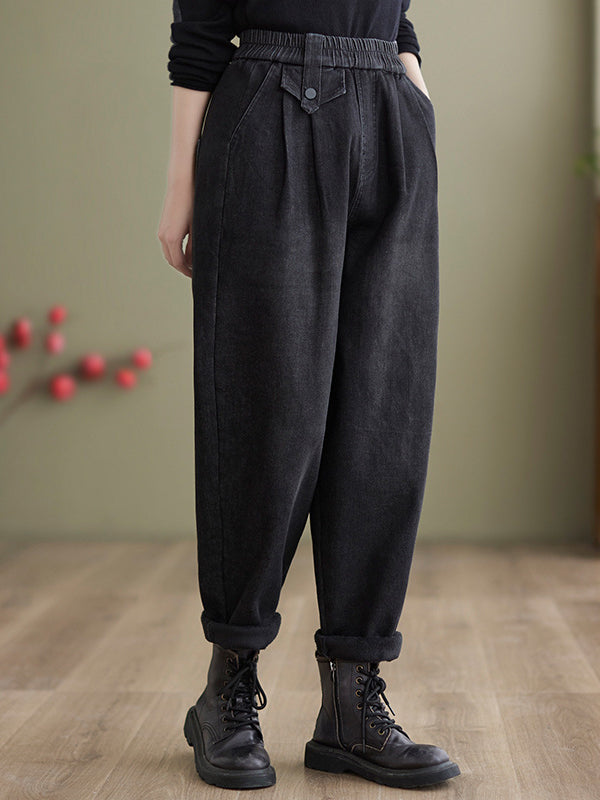 Casual Loose Velvet Elasticity Solid Color Harem Jean Pants Bottoms