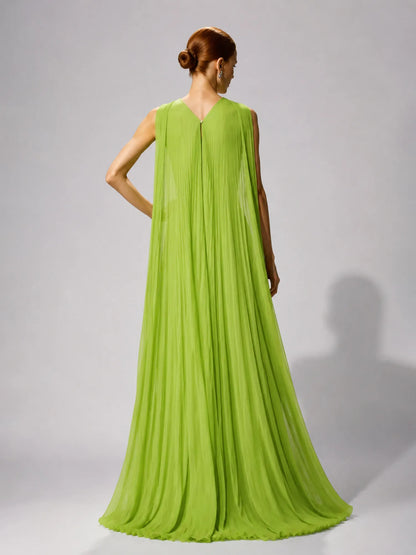 Talia Pleated Mesh Maxi Dress In Green