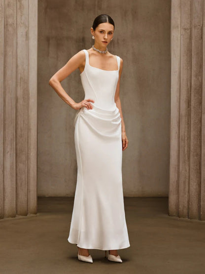 Brianna Corset-Style Satin Draped Maxi Dress in White