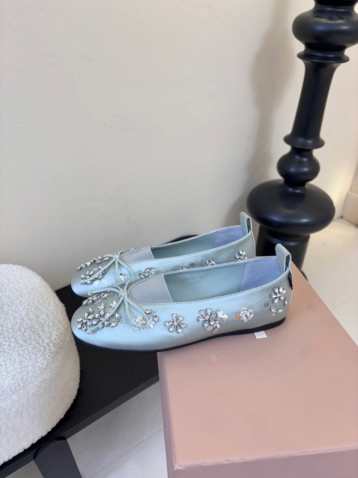 Miu Ballet Flat With Floral Crystal Light Sky Blue Silk
