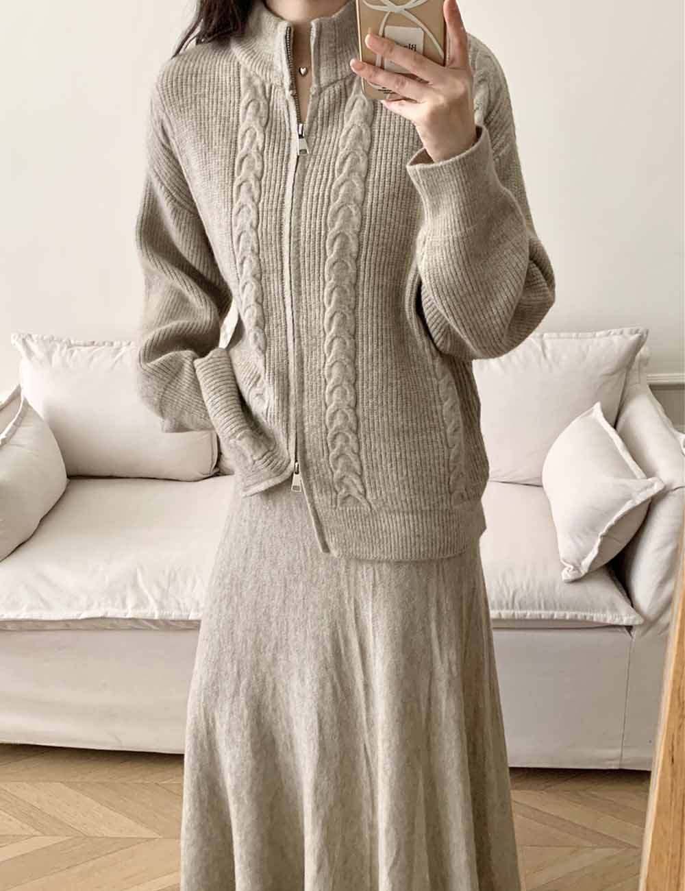 2 Pcs Fall Zip-Up Cardigan Maxi Skirt Set