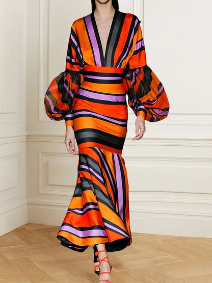 Bodycon Long Sleeves Contrast Color Split-Joint Striped Deep V-Neck Maxi Dresses