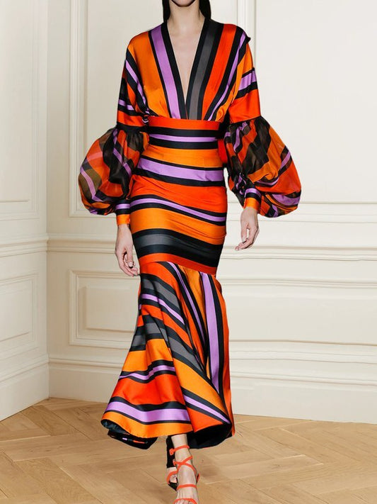 Bodycon Long Sleeves Contrast Color Split-Joint Striped Deep V-Neck Maxi Dresses