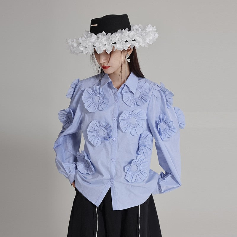 Cotton Long Sleeve Shirt With 3D Floral Embroidery