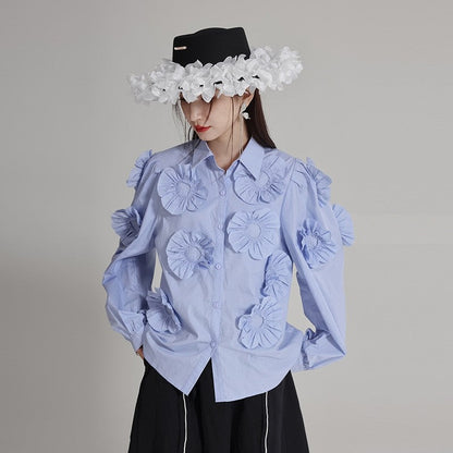 Cotton Long Sleeve Shirt With 3D Floral Embroidery