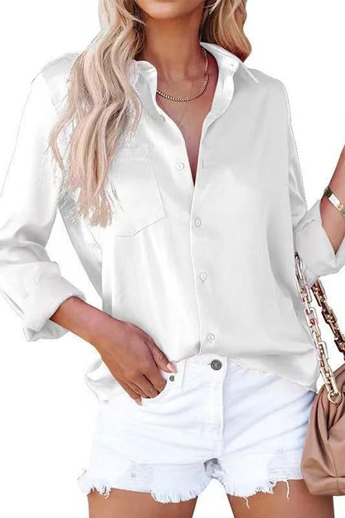 Solid Long Sleeves Button Up Satin Shirt