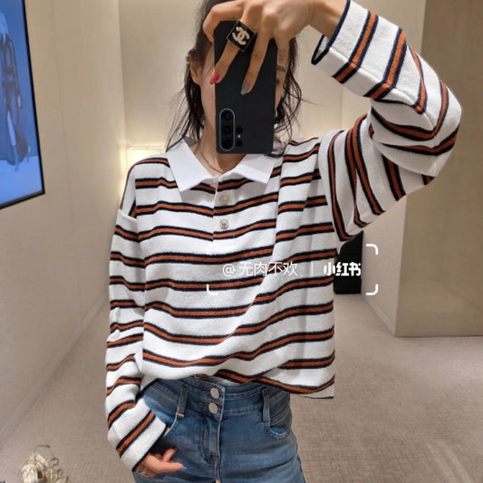 Chanel 26 Collared Color-Blocked Striped Polo White Red in Wool Blend 799250